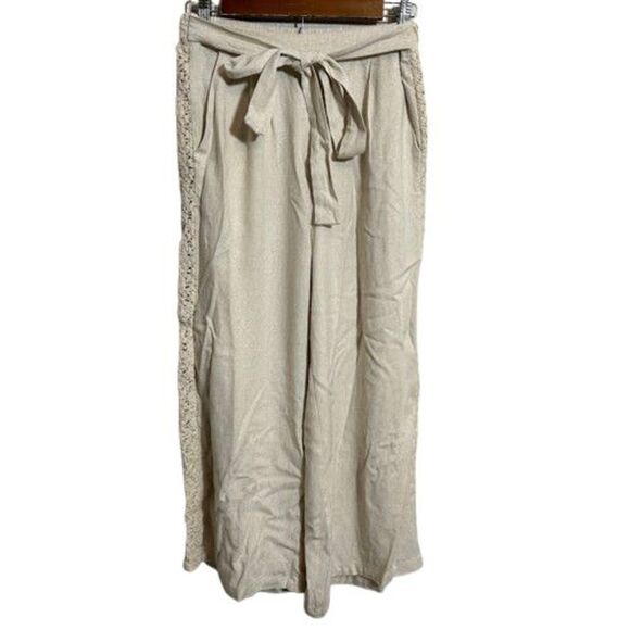 Solitaire Womens Pants M Beige Linen Blend Belted Crochet Wide Leg Boho Crop - Picture 1 of 8